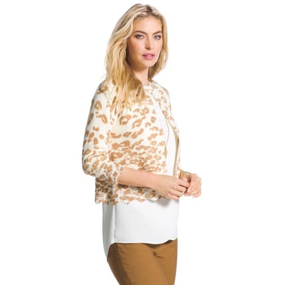 Chicos Sweater Womens Size 1 Cheetah Lace Hem Charlee Cardigan 100% Cotton - Picture 3 of 16